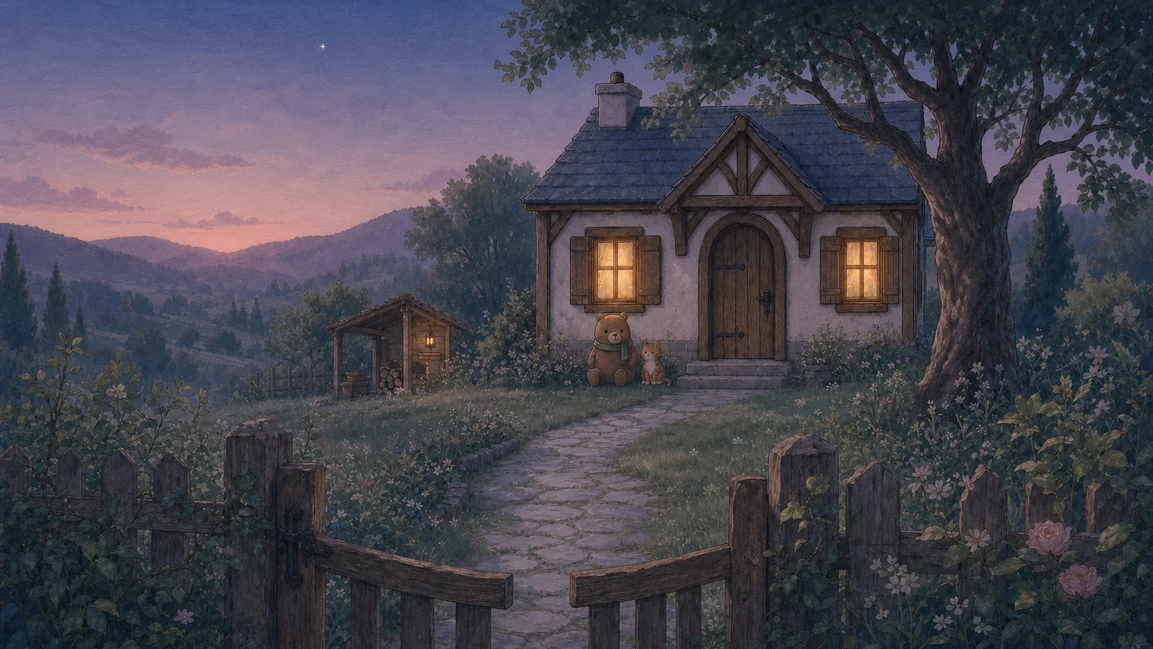 The cottage glowing softly beyond the garden gate at dusk