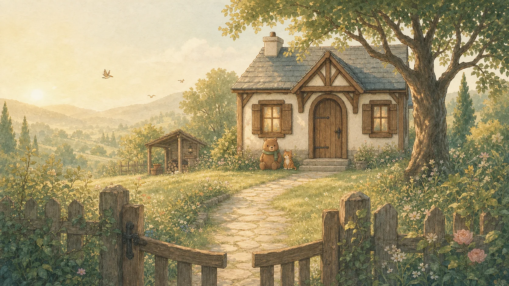 Oliver's small cottage beyond an open garden gate at sunrise