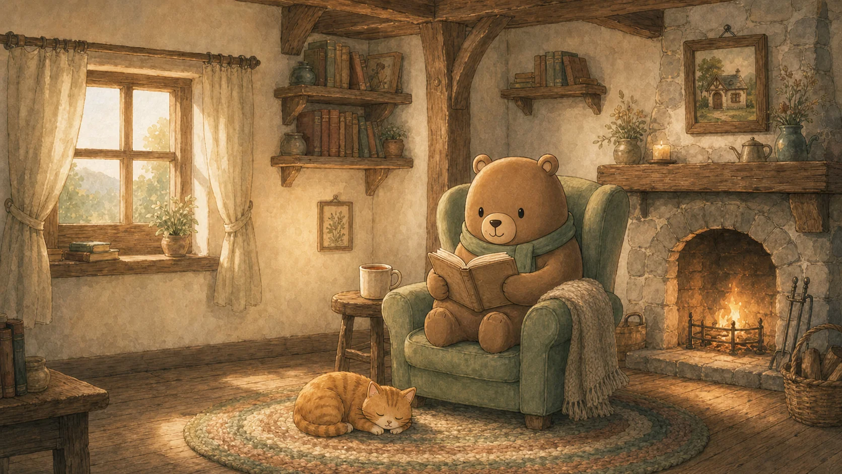 Oliver reading beside the fireplace while the cat sleeps on the rug